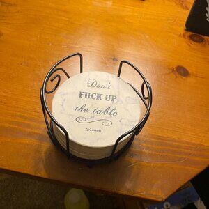 Funny Drink Coasters (Don't F Up the Table Please) Set With Holder